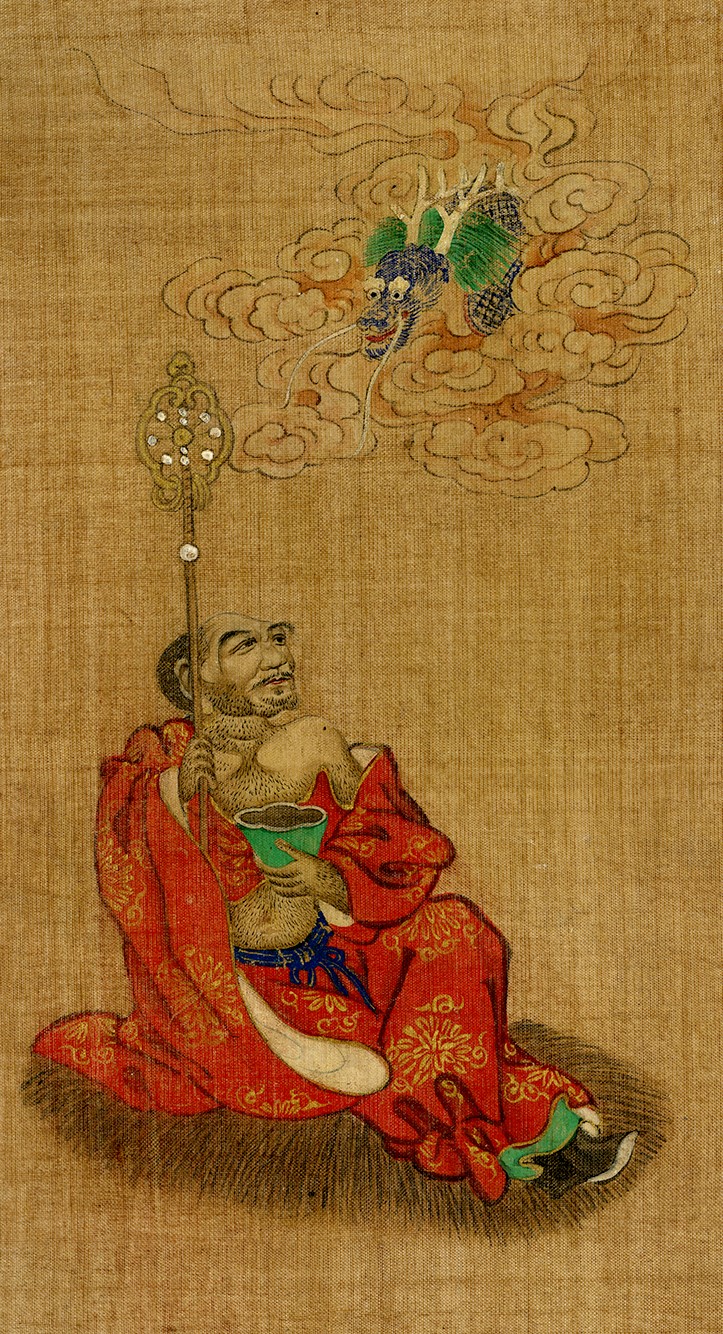 One of the eighteen Luohans, or followers of Buddha. A man sits on the ground holding a staff and a bowl. He looks up toward the clouds above where a dragon watches.