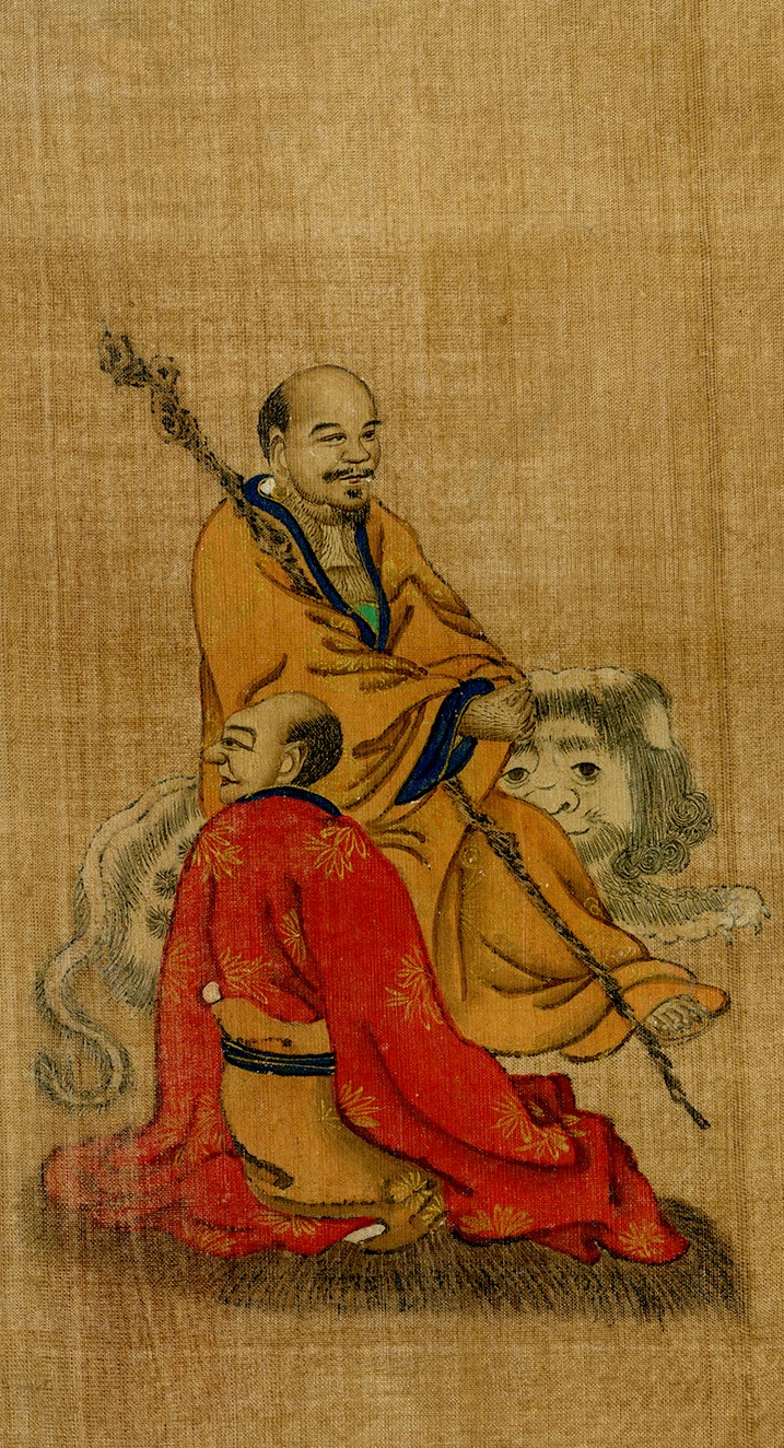 An image depicting Luohans, or followers of Buddha. Two robed men sit. One holds a staff and sits against an animal, possibly a lion.