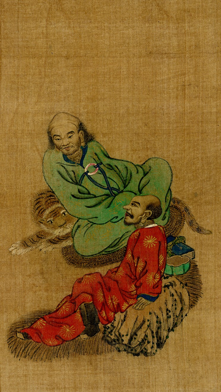 One of the eighteen Luohans, or followers of Buddha. Two men sitting. One sits with his back against a tiger.