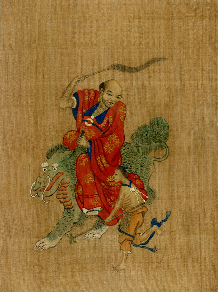 One of the eighteen Luohans, or followers of Buddha. A man subdues what appears to be a dragon by riding it as a smaller man accompanies walks alongside.