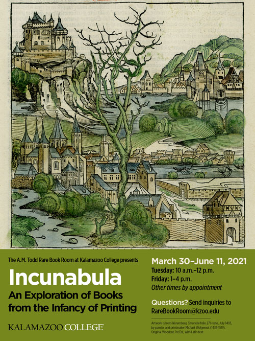 Poster for the 2021 Spring Exhibit, featuring a leaf from the Nuremberg Chronicle