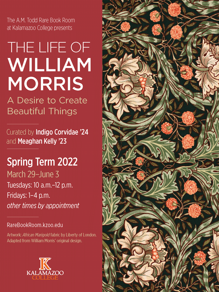 Image of the poster for the Spring 2022 Exhibit featuring William Morris's fabric "African Marigold" adapted by Liberty of London