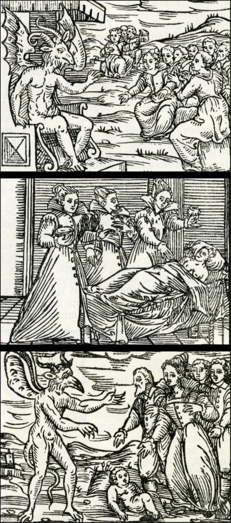 Three woodcut illustrations from the Compendium Maleficarum: Top, witches assembled at a Sabbath with the devil where they mush show they have done some new evil; Middle, three witches poisoning someone or putting them to sleep; Bottom, a step in a witch forming a contract with the devil